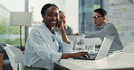 Woman, laptop and happy with face at office meeting, review and confidence at finance company. Person, accountant and smile in portrait with pc for feedback, report or investment portfolio at agency