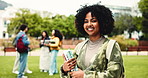 University, campus and face of happy woman with books outdoor for learning, education and studying. Academy, college and portrait of student with textbooks, backpack and smile for knowledge at school