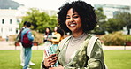 College, campus and face of woman with books outdoor for learning, education and studying. Academy, university and portrait of happy student with textbooks, backpack and smile for knowledge at school