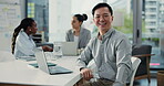 Face, business and man with smile in meeting for career pride, about us and finance advisor. Portrait, male person and confidence with laptop, financial report and budget review for asset management
