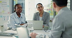 Paperwork, discussion or analyst team with laptop in office for meeting, planning or investment strategy. Collaboration, data analysis or people together for review, tech and communication for budget
