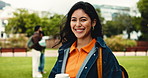 College, coffee and face of woman on campus for learning, education and scholarship for future. Morning, school and portrait of happy student for study opportunity, knowledge and course at university