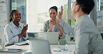 Happy, people or high five in meeting with applause, b2b business solution or agreement in data analysis. Smile, clapping and team in office with collaboration, development and cooperation in agency.