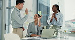 Smile, people or high five in meeting with applause, b2b business solution or success in data analytics. Happy, clapping and team in office with collaboration, development and opportunity in agency.