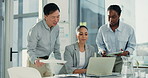 Teamwork, meeting and business people on tech with documents, finance report and proposal. Corporate, office and workers on laptop and tablet for investment deal, financial review and online budget