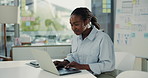 Black woman, laptop and happy with typing in office for review, solution and budget at company. Person, accountant and computer for feedback, report and investment portfolio at financial agency