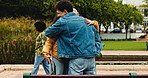 Education, hug and university student by outdoor bench, couple of friends and goodbye for lecture. Discussion, class time and people in college for learning, embrace and scholarship talk on campus.