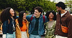 Laughing, university student or friends with hug outdoor for learning break, bonding or diversity. College, gen z group or face of people with embrace on campus for education support and funny gossip