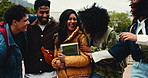 University, friends and hug with books, laughing and bonding on campus, conversation and scholarship. College students, embrace and humor for funny joke, talk and people with backpacks or education