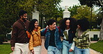 Laughing, university student or friends with walking hug outdoor for study break, bonding or diversity. College, gen z group or people with embrace on campus for education support, funny joke or care