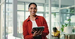 Tablet, face and happy business woman in office for social media marketing, coworking and creative. Tech, professional manager and portrait in startup, about us and confident engagement specialist
