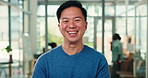 Happy, creative and face of man in office with confidence, pride and smile for project management. Startup agency, professional and portrait of person with ambition, crossed arms and job opportunity