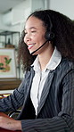 Telecom, happy woman and tech in office with video call for client support, HR discussion and advice. Consultant, person and talking in business with online meeting, customer service and help desk.