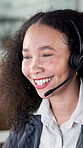 Telemarketing, woman and tech in office with call for lead generation, sales discussion or chat. Agent, person or talk in business with smile for online communication, client negotiation or feedback.