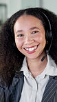 Smile, headset and face of business woman in office for virtual assistant, consultant and advisor. Administration specialist, online support and operator with portrait of person in agency as agent