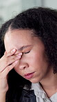 Stress, strain and woman in office with headache, overwhelmed or burnout for project deadline. Frustrated, pain and employee in workplace with migraine, pressure or fatigue in task management.