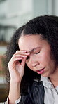 Stress, pain and businesswoman in office with headache, overwhelmed or burnout for project deadline. Frustrated, vertigo and employee in agency with migraine, pressure or fatigue in task management.