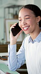 Phone call, smile and woman in office with mobile, online networking or positive discussion on business. Digital, happy or consultant in agency with tech, stakeholder chat or good news on proposal.