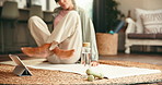 Fitness, start or woman on floor with tablet, health guide or tutorial in online class. Digital, preparation or female person in house with equipment, wellness or warm up routine on meditation app.