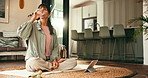 Fitness, woman and drinking water in lounge with tablet, indoor exercise or streaming video for thirst. Hydration, online workout class and person relax with liquid in home, break or rest on yoga mat