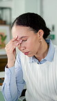 Burnout, thinking and woman with stress in office, tired and overwhelmed from workplace pressure. Fatigue, overworked and employee with brain fog, proposal or project report deadline for migraine.
