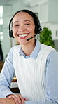 Face, happy and woman in call center for telecom, customer service and human resources advice. Headset, HR consultant or female person in office for client support, help desk or about us in business.