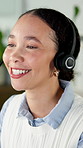 Telecom, woman and call in office with smile for customer support, advice or communication. Happy, virtual assistant or female person with online meeting for client consultation, admin or discussion.