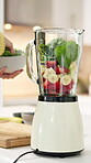 Health, smoothie and blender with hands in kitchen for detox, nutrition and vitamins. Fruits, balance diet and protein shake with person and machine in home for wellness drink, digestion and minerals