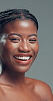 Beauty, face and funny with black woman in studio for cosmetics or dermatology satisfaction. Aesthetic, laughing and skincare with happy African model on gray background for benefits or results