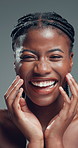Beauty, face and laughing with African model in studio for cosmetics or dermatology satisfaction. Aesthetic, funny and skincare with happy black woman on gray background for benefits or results