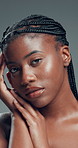 Beauty, face and wellness with black woman in studio for body care, cosmetics or dermatology. Aesthetic, natural and skincare with confident African model on gray background for benefits or results