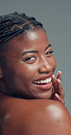 Beauty, face and laughing with black woman in studio for reaction, satisfaction or wellness. Aesthetic, funny and skincare with excited African model on gray background for cosmetics or dermatology