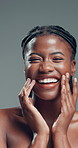Skincare, teeth smile or woman face with cosmetics in studio, self care or natural shine for wellness. Portrait, African person or dermatology for glowing skin, soft touch or happy on gray background