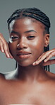 Skincare, face or black woman on gray background with hands, facial glow or shine in cosmetology. Closeup, aesthetic or girl in studio with happiness, grooming or smooth skin in beauty results.