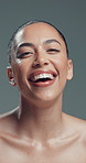 Beauty, face and laughing with happy woman in studio for reaction, satisfaction or wellness. Aesthetic, funny and skincare with excited model person on gray background for cosmetics or dermatology