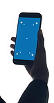 Phone, blue screen or hand in studio for marketing, advertisement or app in ux design. Closeup, digital or person on white background with technology, chroma key or mockup on smartphone display.
