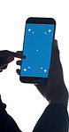 Scroll, blue screen or hands in studio with phone, advertisement or app in ux design. Closeup, marketing or person on white background with technology, chroma key or mock up on smartphone display.