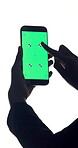Green screen, phone and hands of business person in studio for text message, client email and contact. Space, networking app and proposal newsletter with employee on white background for scroll