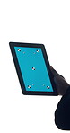 Tablet, blue screen or hand in studio for marketing, advertisement or app in ux design. Space, digital or person on white background with technology, chroma key or mockup on blank display.
