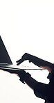 Hands, person and typing with laptop in studio, writing email and report for online communication. Internet, networking and secretary with pc for admin, connection or mockup space on white background