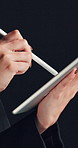Hands, businesswoman and writing on tablet in studio for contract agreement, finance report or sign. Mockup, analyst and stylus with digital signature for investment confirmation on black background