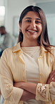 Arms crossed, face and laughing with designer woman in office for ambition, development or opportunity. About us, confident and smile with funny design employee in creative workplace for satisfaction