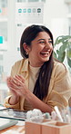 Creative, woman and laugh with applause in meeting for good news, company success and profit growth. People, tablet and clapping with fist bump, finance statistics and celebration for project funding