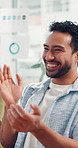Smile, creative and man with applause in meeting for good news, company success and finance goals. Happy, people and clapping for congratulations, financial documents and celebrate of project funding