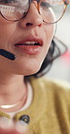Call center, headset and woman in office, glasses and communication with help desk. Person, reflection and employee with eyewear, discussion and customer service with advice, questions and feedback