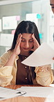 Headache, paperwork and business woman overworked with charts, multitasking and time lapse. Stress, documents and employee overwhelmed with chaos in busy office, burnout and tired with graphs
