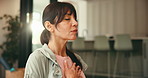 Woman, yoga and meditation in home for heart health, inner peace and calm for mindfulness. Mature person, smile and spiritual exercise for holistic fitness, zen and breathing for stress relief