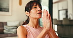 Woman, yoga and meditation in home with prayer hands, inner peace and calm for mindfulness. Mature person, smile and spiritual exercise for holistic fitness, zen and breathing for stress relief