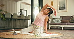 Yoga, home and woman stretching for fitness, body wellness and health with online class on floor. Pilates, flexibility and mature person in house for side bend, exercise and practice with tutorial