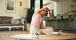 Yoga, home and woman stretching arms for exercise, wellness and health with online class on floor. Pilates, flexibility and mature person in house for side bend, fitness and breathing with tutorial